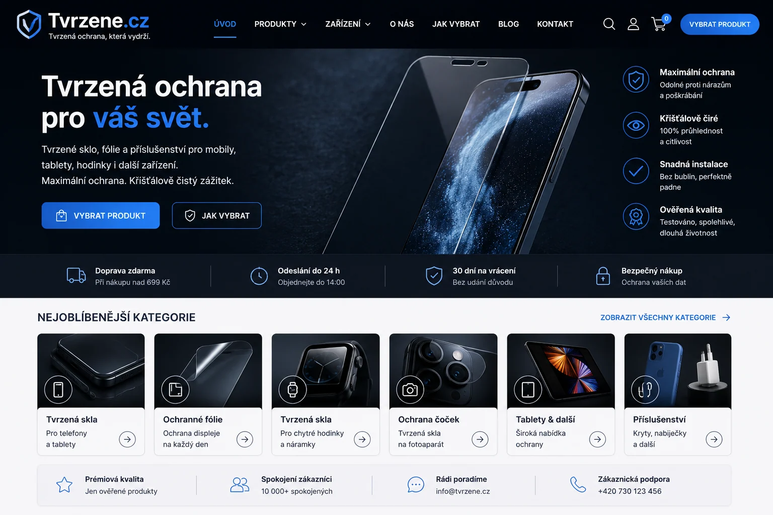 Ilustrační návrh Tvrzene.cz s ochranným sklem telefonu a modrými akcenty